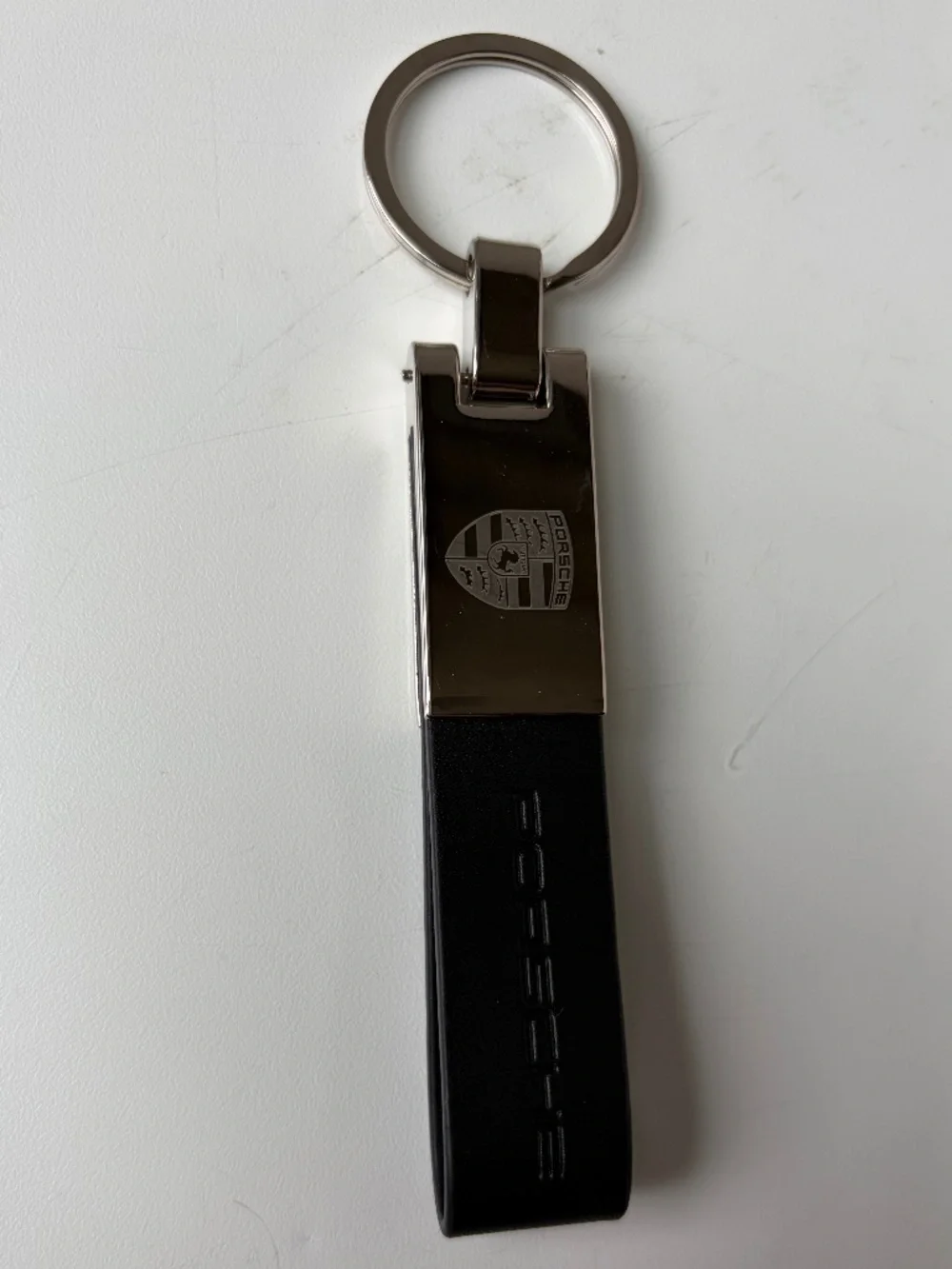 Porsche inspired leather chrome metal key ring